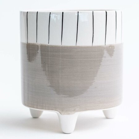 Footed Grey Dolomite Pot With Stripes