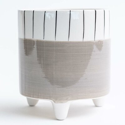 Footed Grey Dolomite Pot With Stripes